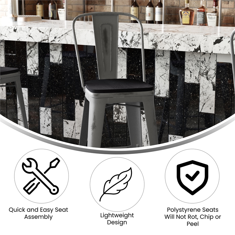 Pemberly Row Indoor Bar Stool with Poly Resin Colorful Seat in Silver/Black