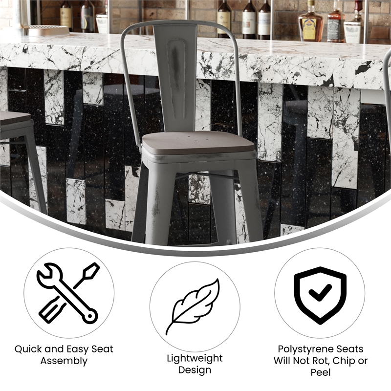 Pemberly Row Indoor Bar Stool with Poly Resin Colorful Seat in Silver/Gray
