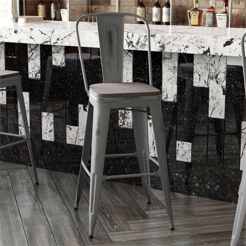 Pemberly Row Indoor Bar Stool with Poly Resin Colorful Seat in Silver/Gray