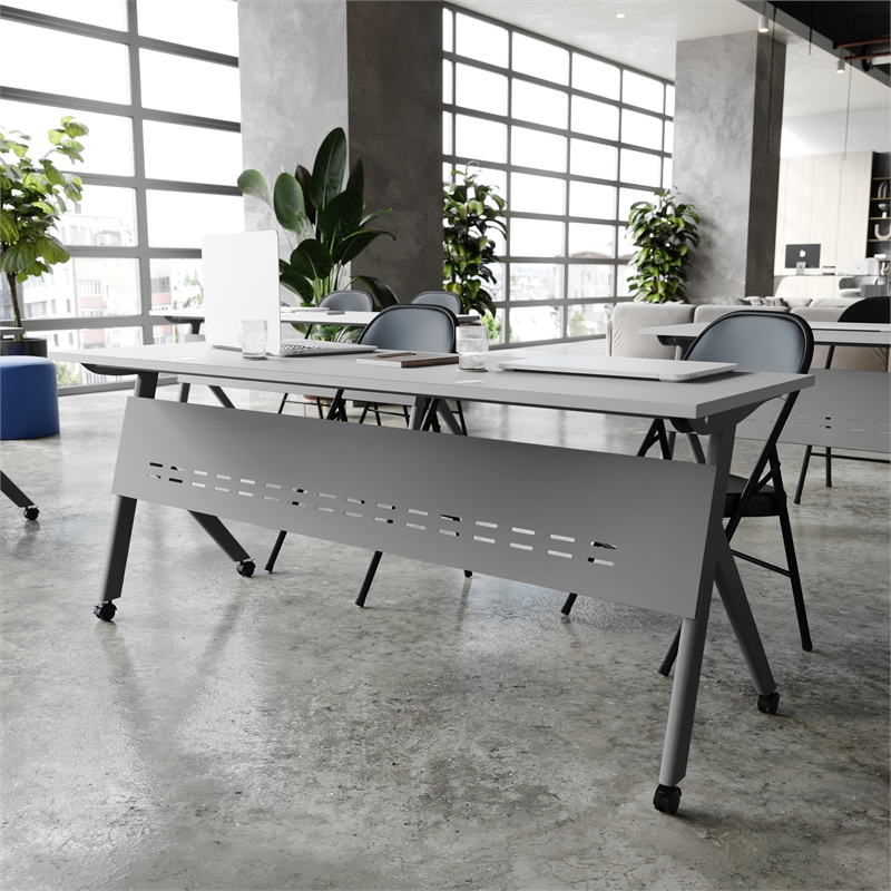 Pemberly Row Nesting Flip Training Table with Steel Frame and Y-Legs in Gray