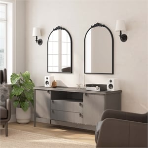 Pemberly Row 35&quotx24&quot Arched Wall Mirror with Baroque Detail Metal Frame in Black