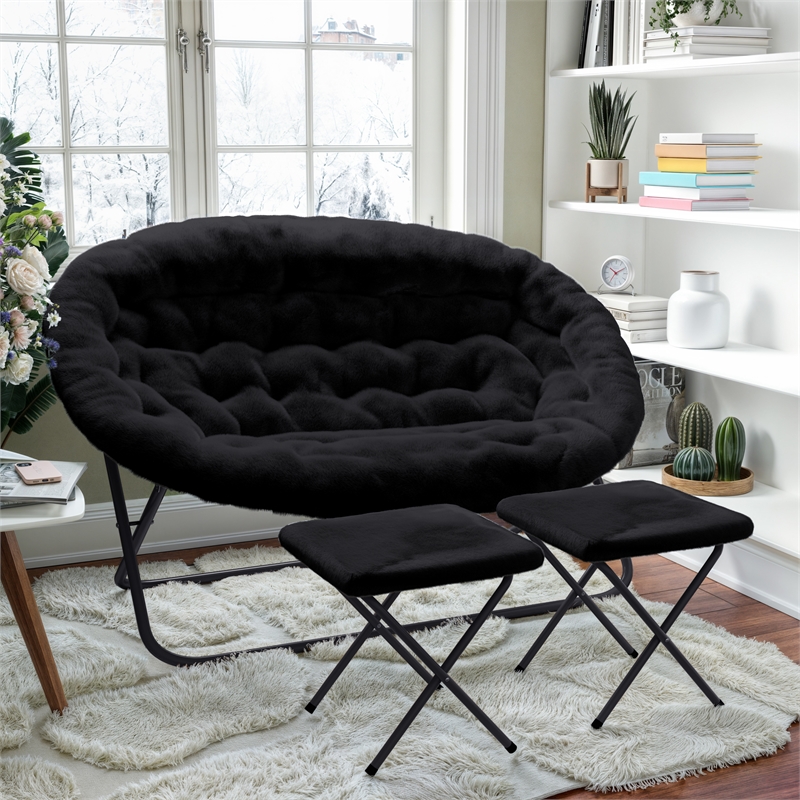 Pemberly Row Double Folding Faux Fur Saucer Chair with 2 Ottomans in Black