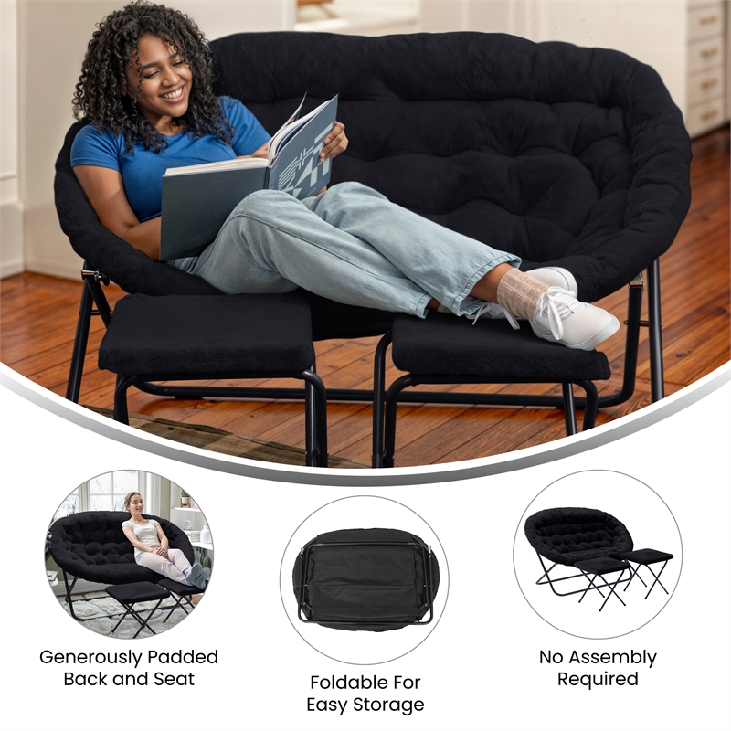Pemberly Row Double Folding Faux Fur Saucer Chair with 2 Ottomans in Black