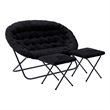 Pemberly Row Double Folding Faux Fur Saucer Chair with 2 Ottomans in Black