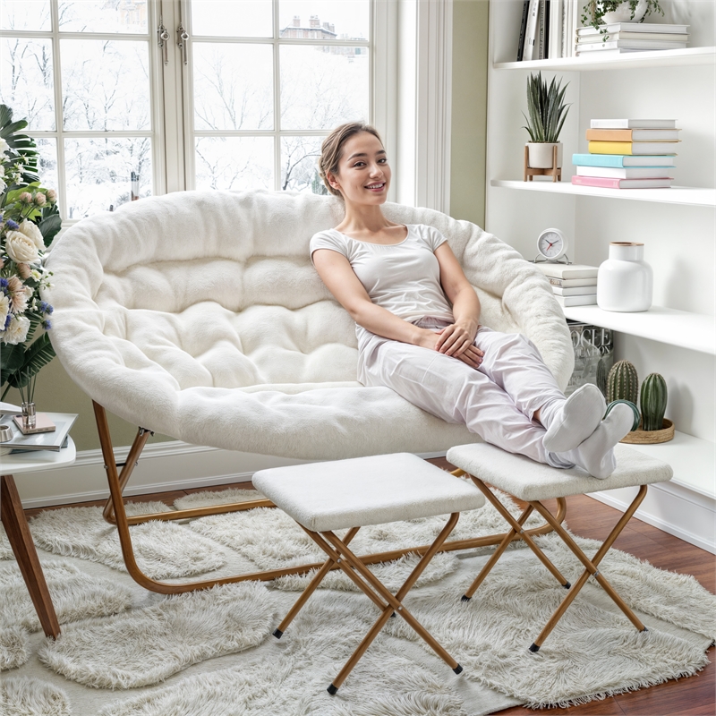 Pemberly Row Double Folding Faux Shearling Saucer Chair with 2 Ottomans