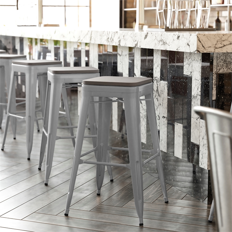 Pemberly Row Indoor/Outdoor Backless Bar Stool with Poly Seat in Silver/Gray