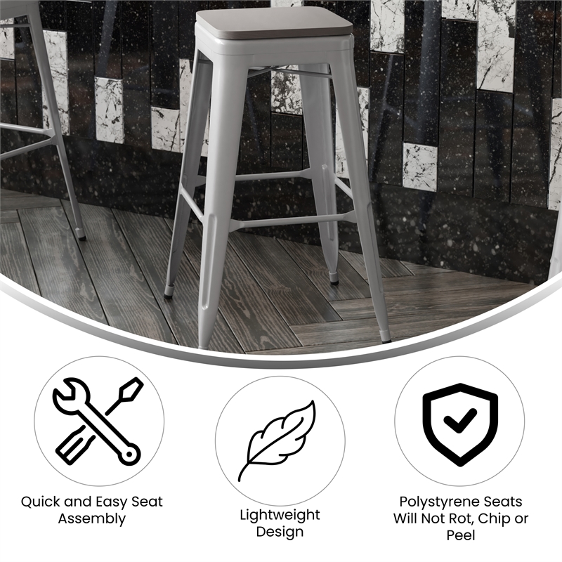 Pemberly Row Indoor/Outdoor Backless Bar Stool with Poly Seat in Silver/Gray