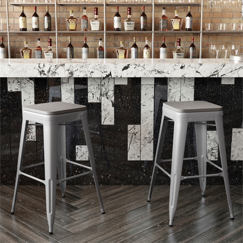 Pemberly Row Indoor/Outdoor Backless Bar Stool with Poly Seat in Silver/Gray