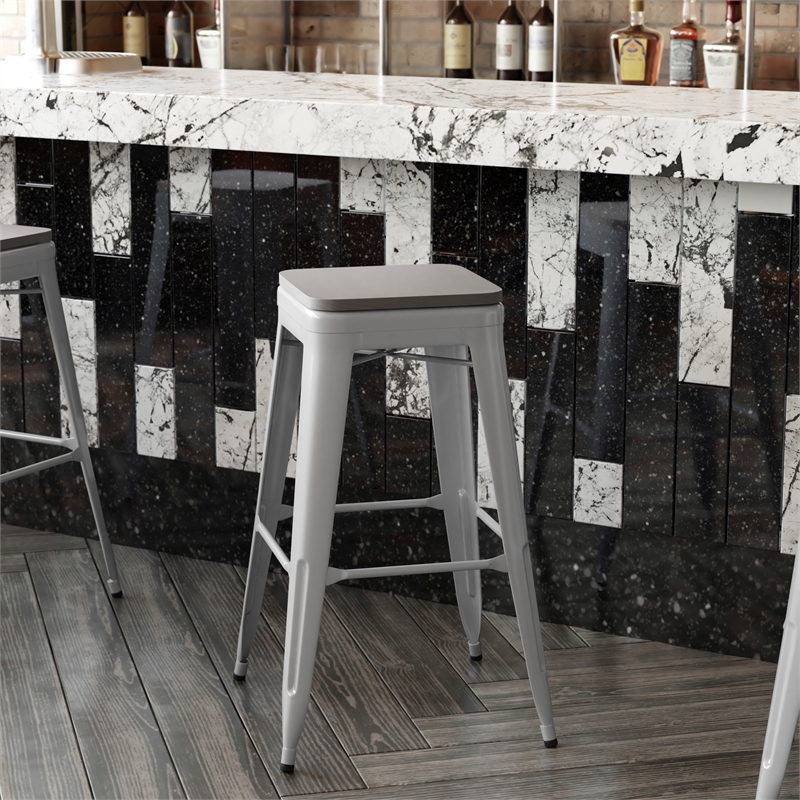 Pemberly Row Indoor/Outdoor Backless Bar Stool with Poly Seat in Silver/Gray