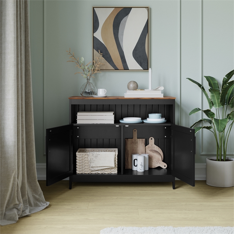 Pemberly Row Classic Sideboard and Buffet Cabinet with Storage in Black/Walnut