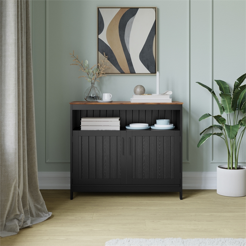 Pemberly Row Classic Sideboard and Buffet Cabinet with Storage in Black/Walnut