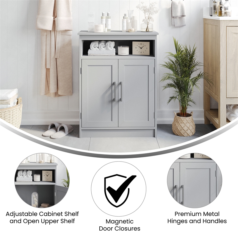 Pemberly Row Bathroom Storage Cabinet with 2 Magnetic Doors & Shelves in Gray