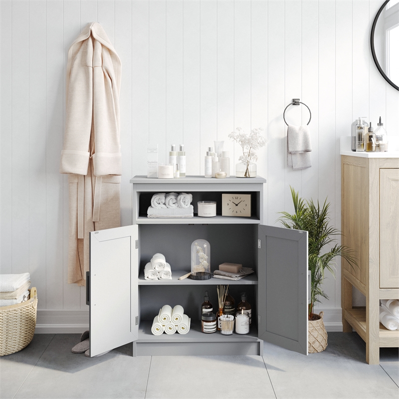 Pemberly Row Bathroom Storage Cabinet with 2 Magnetic Doors & Shelves in Gray