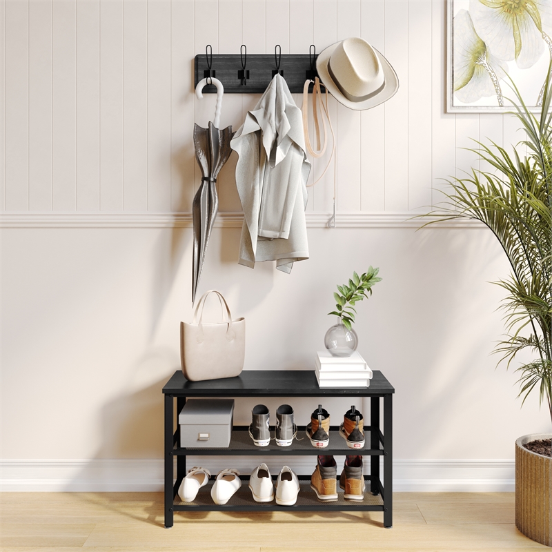 Pemberly Row 3-Tier Entryway Bench with Mesh Metal Shoe Storage Shelves