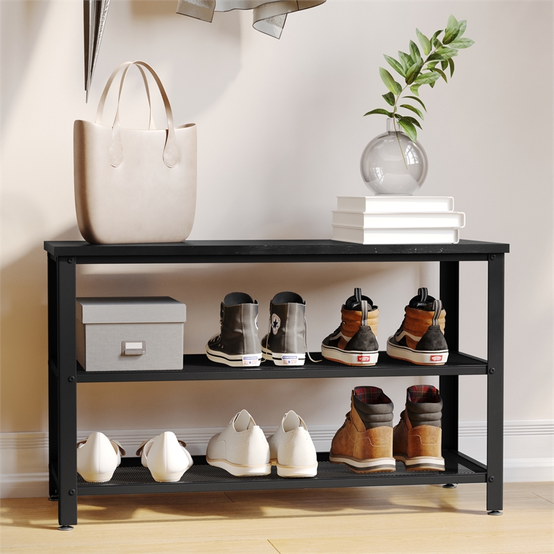 Pemberly Row 3-Tier Entryway Bench with Mesh Metal Shoe Storage Shelves