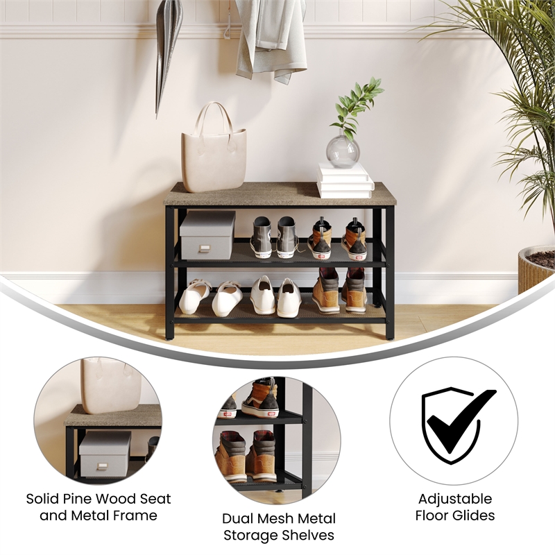 Pemberly Row 3-Tier Entryway Bench with Mesh Metal Shoe Storage Shelves