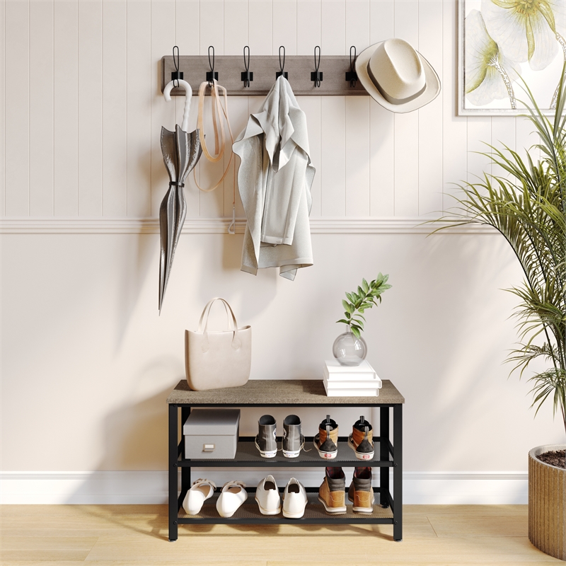 Pemberly Row 3-Tier Entryway Bench with Mesh Metal Shoe Storage Shelves