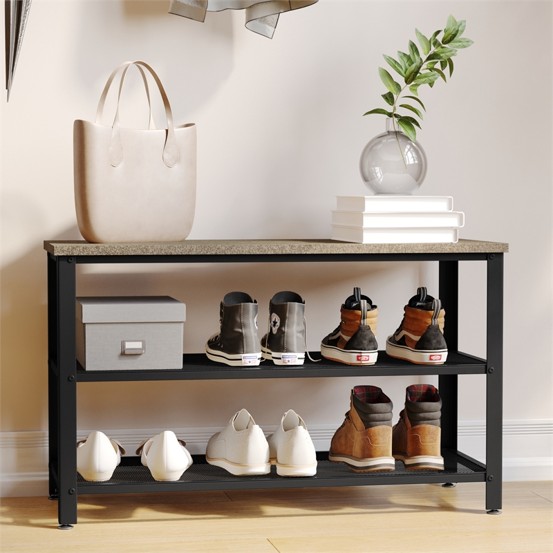 Pemberly Row 3-Tier Entryway Bench with Mesh Metal Shoe Storage Shelves