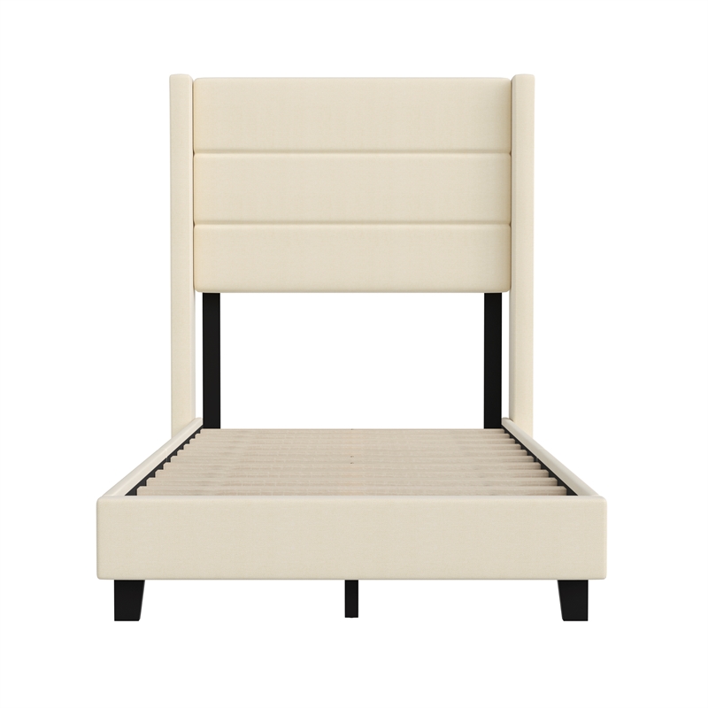 Pemberly Row Twin Upholstered Platform Bed with Wingback Headboard in Beige
