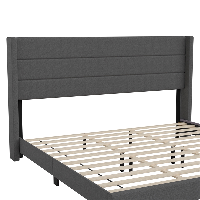 Pemberly Row King Upholstered Platform Bed with Wingback Headboard in Charcoal