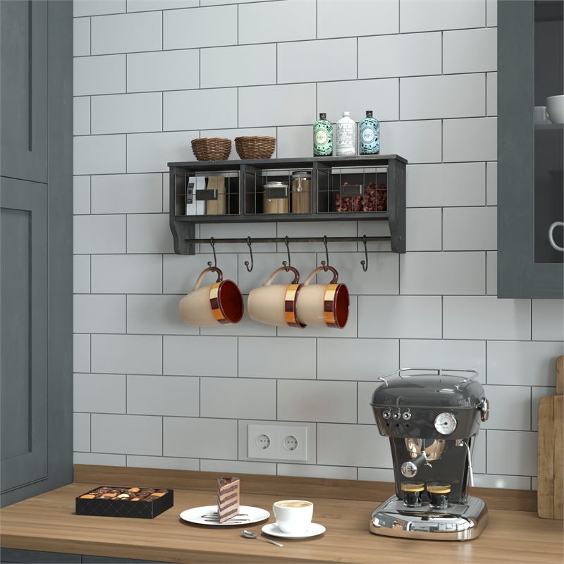 Pemberly Row Wall Mounted Coat Rack with Shelf Wire Baskets and Hooks