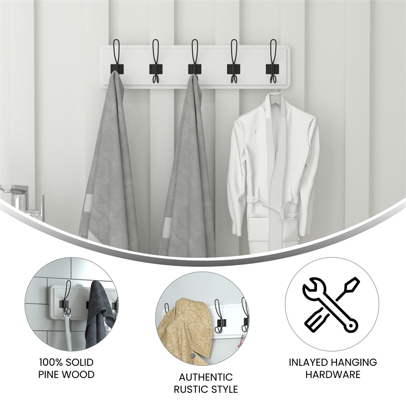 Pemberly Row Vintage Wall Mounted Storage Rack with 5 Hooks in White