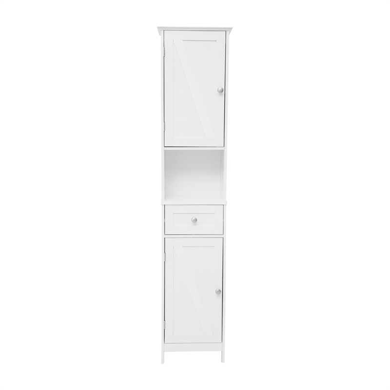 Pemberly Row Freestanding Linen Tower with Shelves Drawer & Doors in White