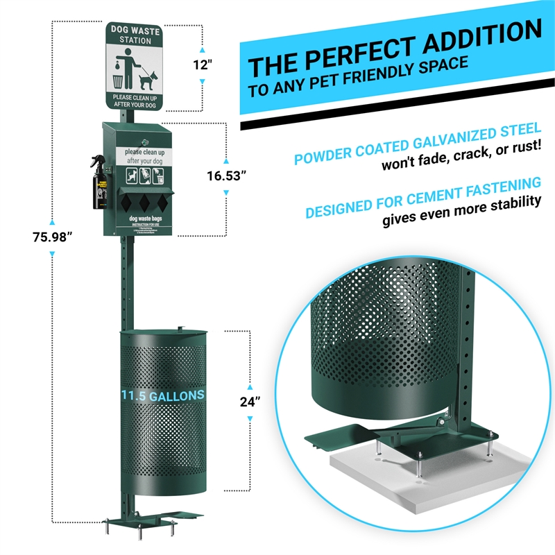 Pemberly Row Pet Waste Station with Pull Out Dispenser and Trash Can in Green