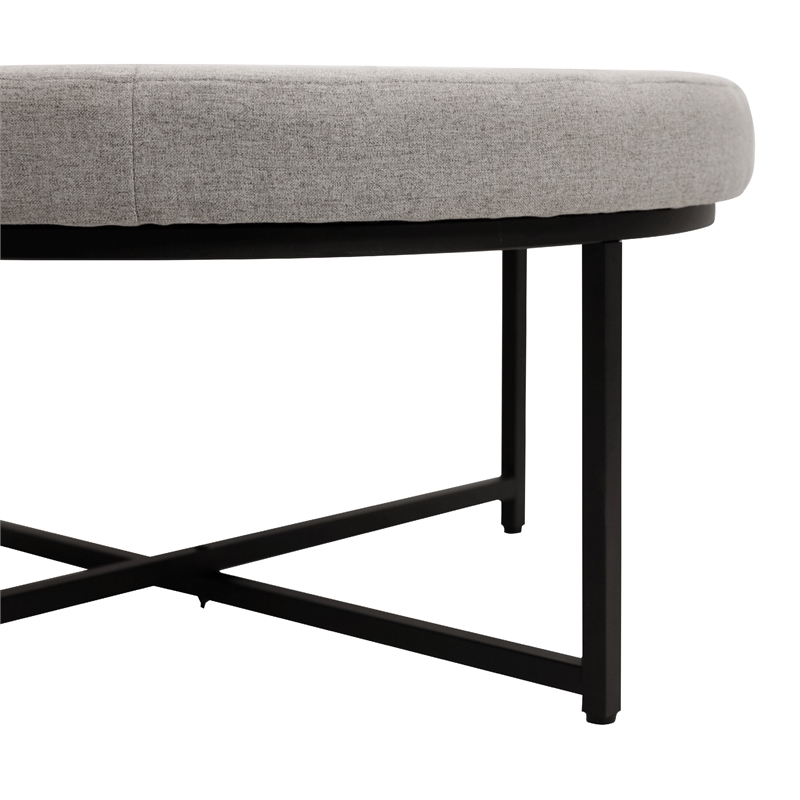 Pemberly Row Round Cotton Linen Tufted Ottoman with Black Metal Frame in Gray
