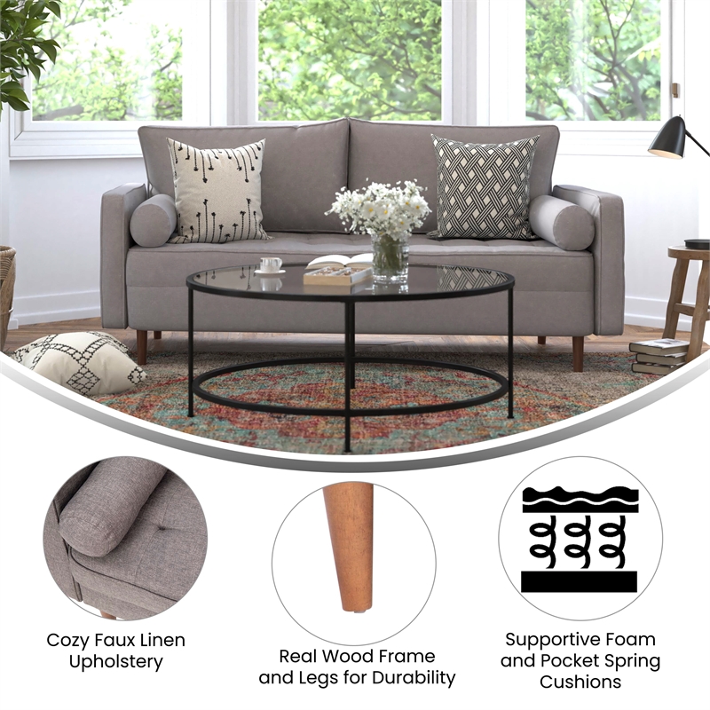 Pemberly Row Compact Upholstered Tufted Sofa with Wooden Legs in Slate Gray