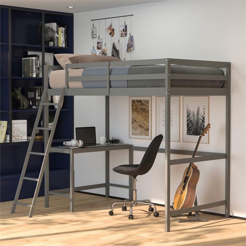 Pemberly Row Twin Wood Slat Loft Bed with Integrated Desk & Ladder in Light Gray