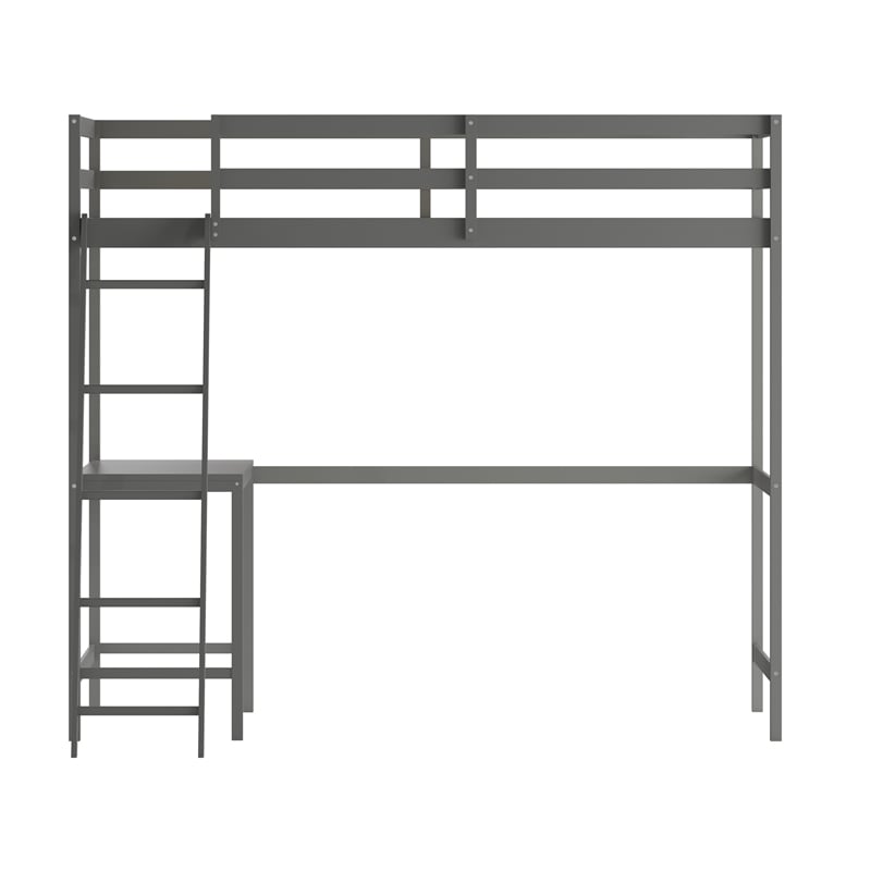 Pemberly Row Twin Wood Slat Loft Bed with Integrated Desk & Ladder in Light Gray
