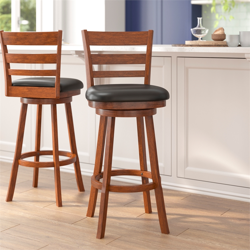 Pemberly Row Ladderback Wooden Swivel Bar Stools in Antique Oak/Black