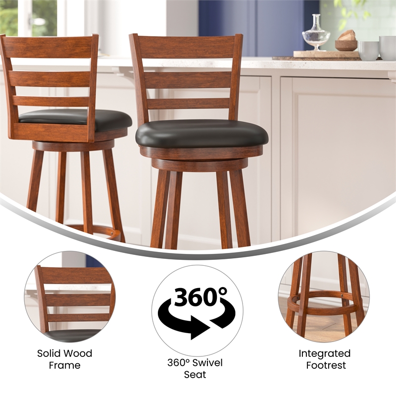 Pemberly Row Ladderback Wooden Swivel Bar Stools in Antique Oak/Black
