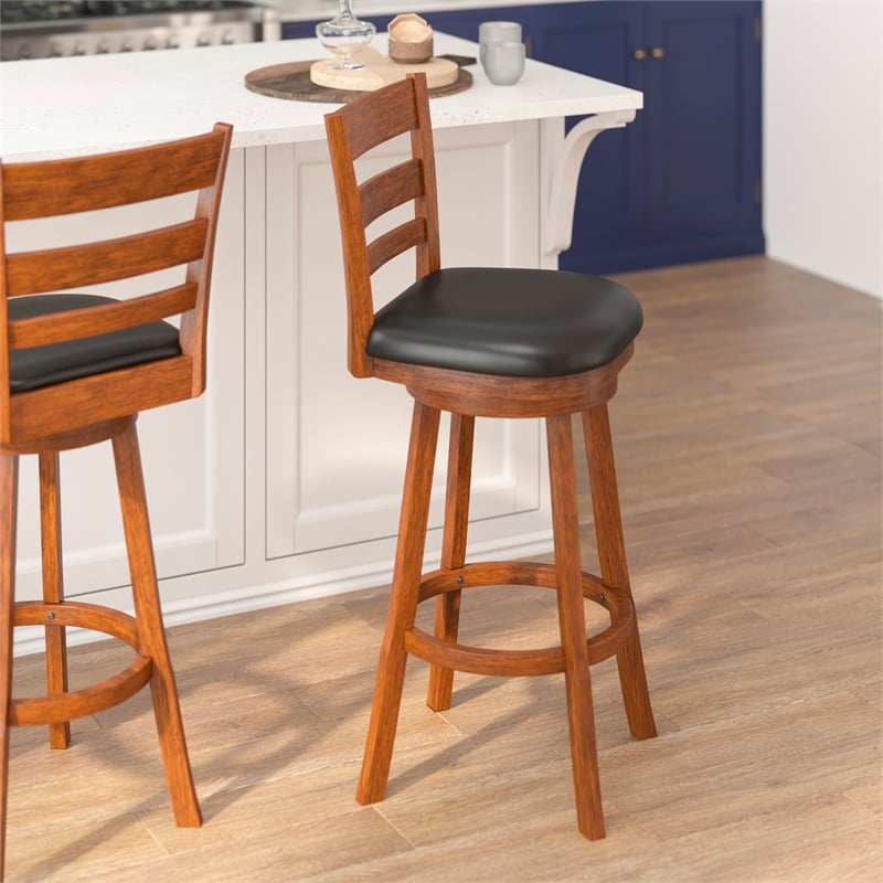 Pemberly Row Ladderback Wooden Swivel Bar Stools in Antique Oak/Black