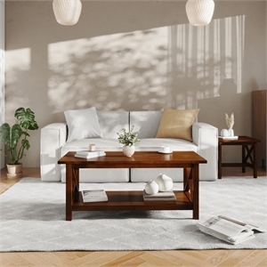 Pemberly Row Solid Wood Farmhouse Coffee Table with Lower Shelf in Walnut