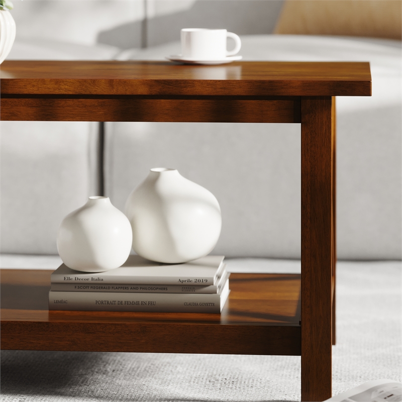 Pemberly Row Solid Wood Farmhouse Coffee Table with Lower Shelf in Walnut