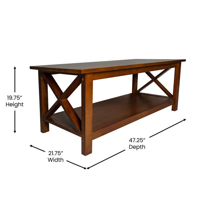 Pemberly Row Solid Wood Farmhouse Coffee Table with Lower Shelf in Walnut