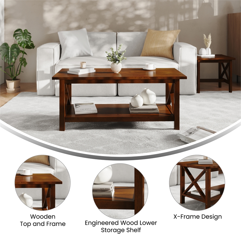 Pemberly Row Solid Wood Farmhouse Coffee Table with Lower Shelf in Walnut