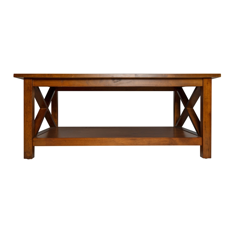 Pemberly Row Solid Wood Farmhouse Coffee Table with Lower Shelf in Walnut
