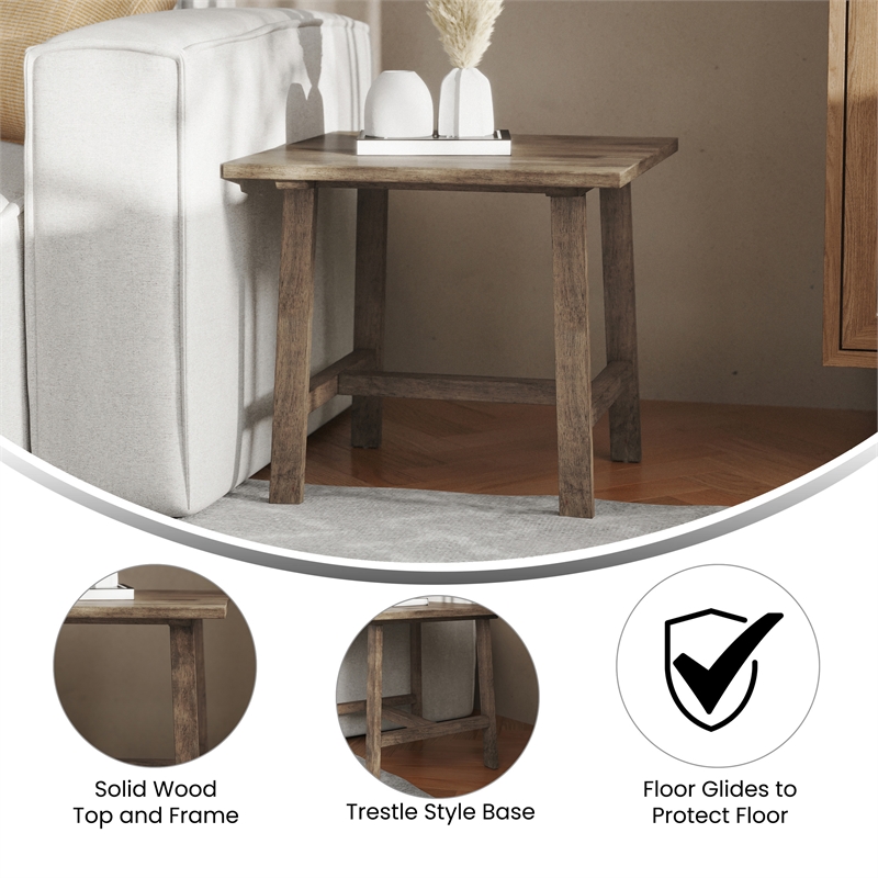 Pemberly Row Solid Wood Farmhouse Trestle Style End Table in Rustic Brown