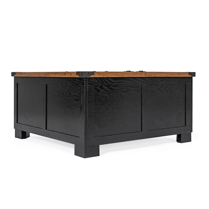 Pemberly Row Farmhouse Coffee Table with Hinged Lift Top & Storage in Black/Oak
