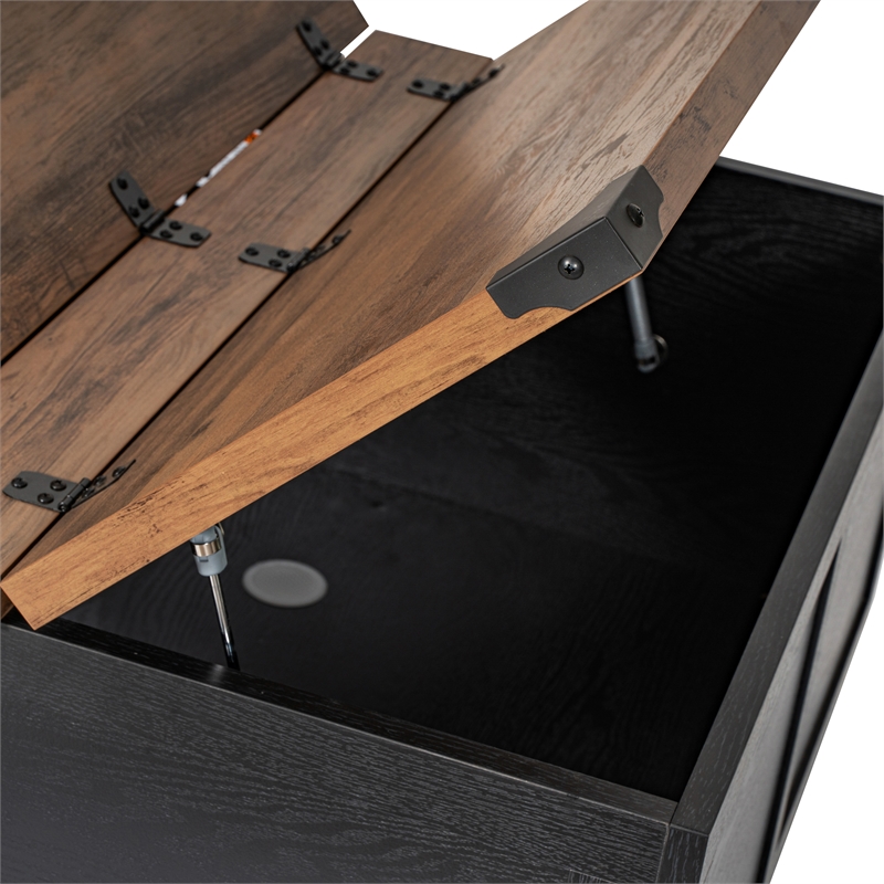 Pemberly Row Farmhouse Coffee Table with Hinged Lift Top & Storage in Black/Oak