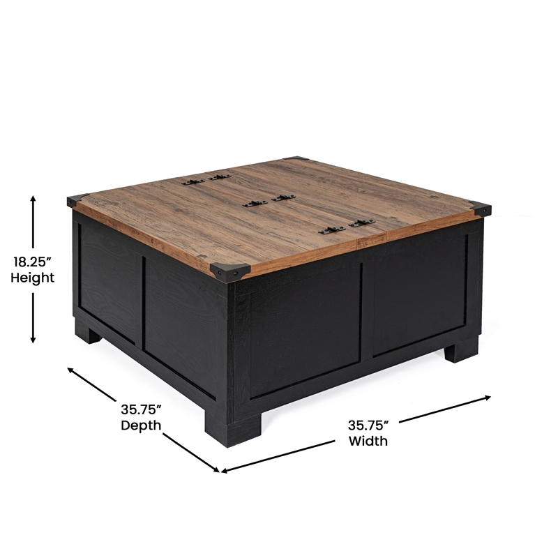 Pemberly Row Farmhouse Coffee Table with Hinged Lift Top & Storage in Black/Oak