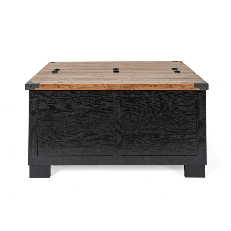Pemberly Row Farmhouse Coffee Table with Hinged Lift Top & Storage in Black/Oak