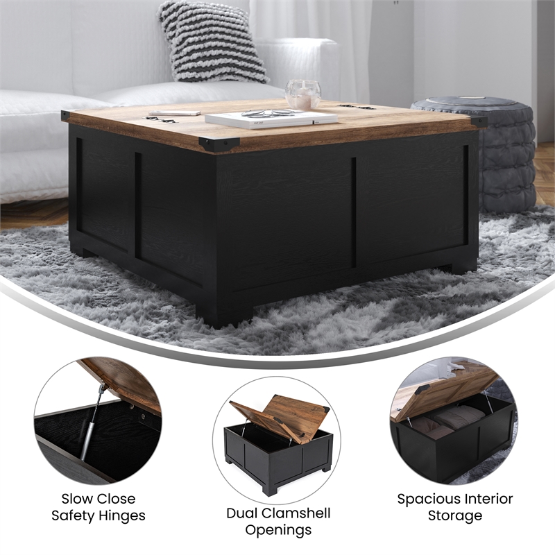 Pemberly Row Farmhouse Coffee Table with Hinged Lift Top & Storage in Black/Oak
