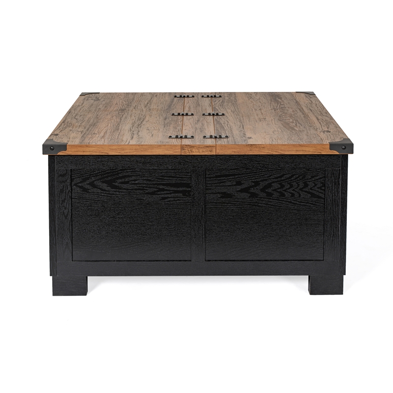 Pemberly Row Farmhouse Coffee Table with Hinged Lift Top & Storage in Black/Oak