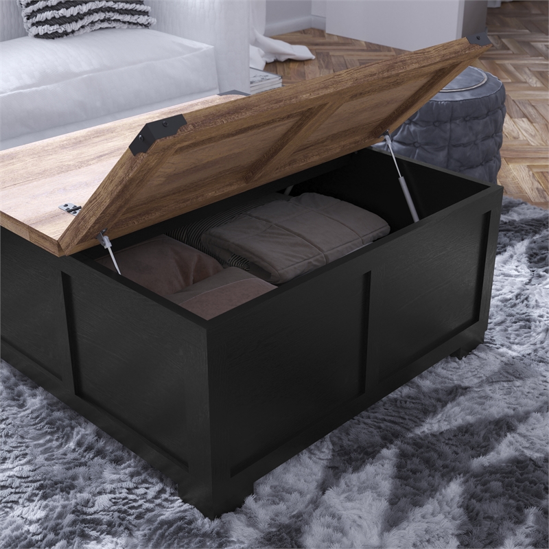 Pemberly Row Farmhouse Coffee Table with Hinged Lift Top & Storage in Black/Oak