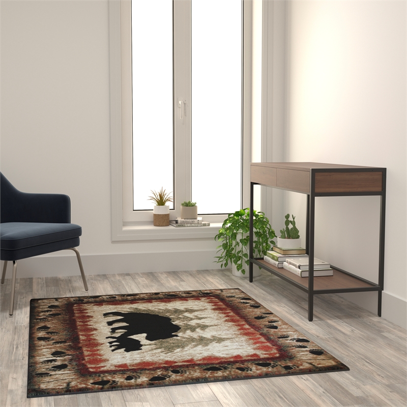 Pemberly Row Wandering Bear and Cub Rustic 4' x 5' Area Rug in Brown