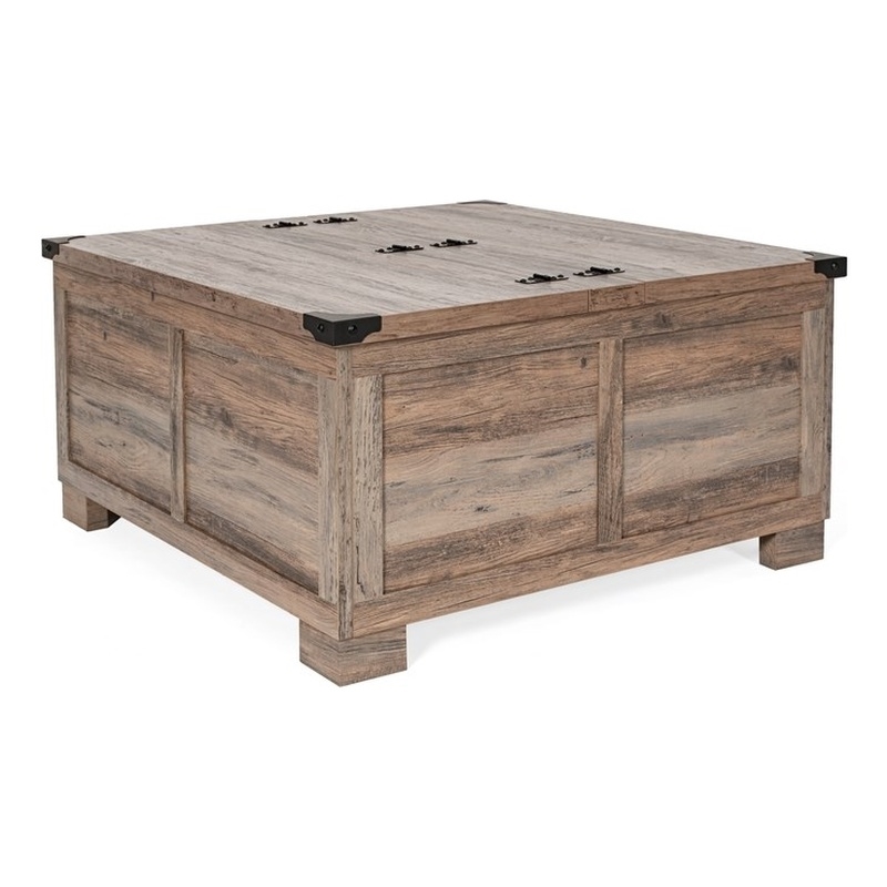 Pemberly Row Farmhouse Coffee Table with Hinged Lift Top & Storage in Gray Wash